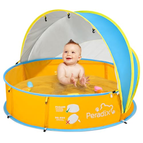 Peradix 4 in 1 Pop Up Baby Planschbecken,Babypool mit UV Schutz Bällepool, Baby Zelt Strandzelt mit Moskitonetz,Tragbare Spielzelt Bällebad Sonnenschutz Sommer für Jahre (Blau-Gelb)