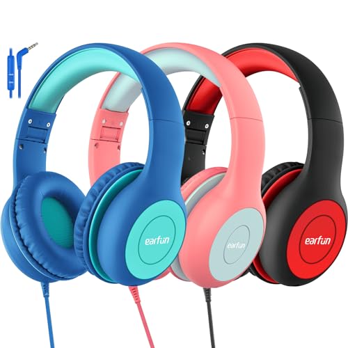 EarFun Kinder Kopfhörer 3er-Pack, Kopfhörer Kinder mit Kabel, 85/94dB Lautstärkenbegrenzer, Faltbare, Einstellbar, Stereo Sound, HD-Mikrofon, Audio-Sharing, Over Ear Kinderkopfhörer für Schule/Reise