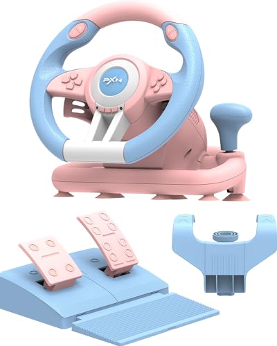 PXN V3 Gaming Lenkrad mit Pedalen, 180° Rennlenkrad, Vibrationsfeedback, Schaltwippen, Integrierter Schalthebel, Lenkrad für PC, PS3, PS4, Xbox und Switch - Rosa