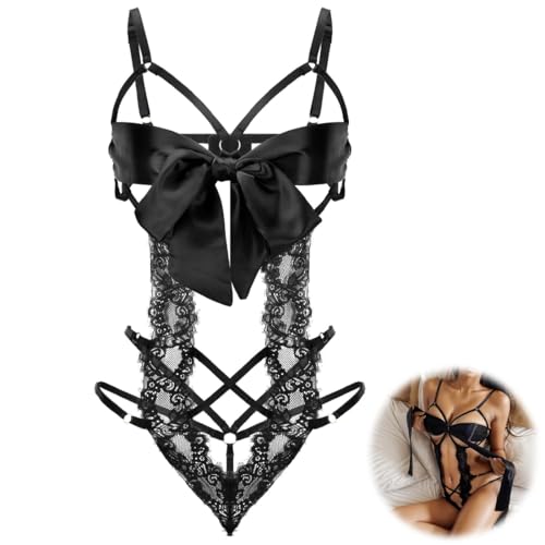 Sexy Damen Dessous Set, Erotische Translucent Spitze Riemchen Bodysuit mit Bogen, Overall Lingerie mit Loch, Reizwäsche BH und Höschen Sets, Verstellbare Offen Unterwäsche, Schwarz