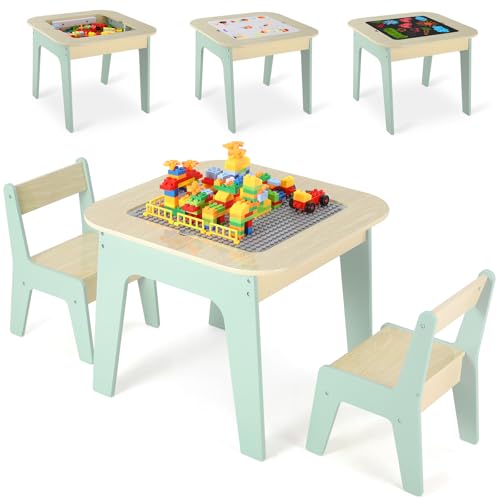 Kindertisch mit 2Stühlen, Kindersitzgruppe, Kinder Tisch Stuhl Set, Kindertisch, Stauraum, Doppelseitiger Maltisch&Bauplatte, Kindersitzgarnitur, Sitzgruppe Kinder, Kindermöbel für Kinderzimmer, Grün