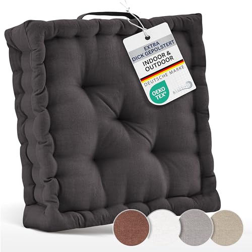 Beauitssu Bodenkissen Sitzkissen 50x50 cm - Dickes Matratzenkissen 10cm - 100% Baumwolle Stuhlkissen Indoor & Outdoor Sitzkissen Boden Tragegriff extra Dicke Sitzauflagen Anthrazit - Mila
