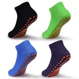 ELUTONG Rutschfeste Socken für Kinder, 4 Paar Stoppersocken Baumwolle Trampolin Sockens für Jungen Mädchen 2-5 Jahre（schwarz+dunkel lila+blau+grün）