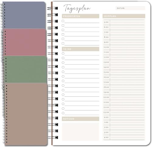 BIROYAL Zeitmanagement Handbuch, 4 Stück Tagesplaner, 100 Seiten Terminplaner, 14x21cm To Do Liste, Daily Planner Spiralblock, Notizblöcke Terminplaner Notizbuch für Reise Schule Organizer