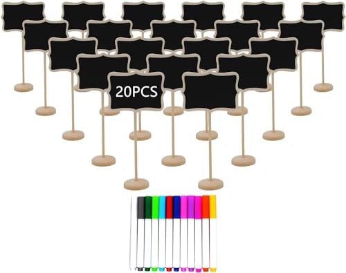 Scpehfy Kleine Kreidetafel Schilder mit Staffelei Stehen,20 Stück Mini Holzschilder Lebensmittel Etiketten für Party-Buffet,Tafeln Hochzeiten,Geburtstagsfeiern,Tischkarten Beschriften,Preisschilder