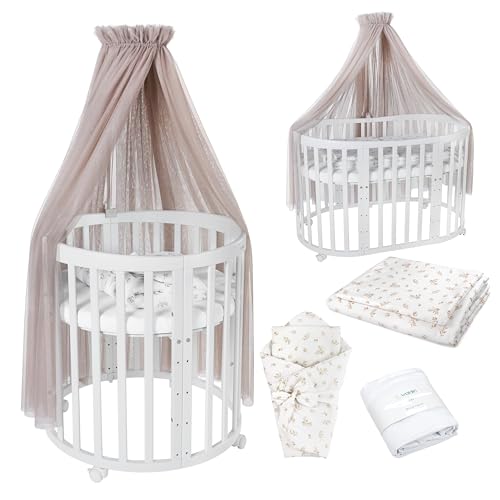 Waldin Oval Baby-Bett Mitwachsend Komplett Set 7in1, Gitterbett, Kinderbett mit Matratze, Wickelkommode, Beistellbett, Holz Weiß, Stoffe Taupe Zweige