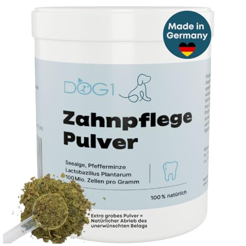 dog1 Zahnpflege Pulver für Hunde I Mittel gegen Zahnstein Hund - Natürliche besonders effektive Zahnreinigung bei gelben Zähnen, Mundgeruch und Plaque (200 g)