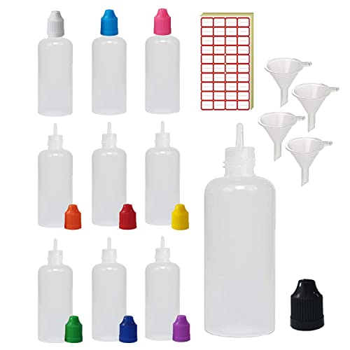 XIAONAN 50 Stück x 10 ml LDPE Kunststoff Flüssigwasser Quetschbare Augentropfflaschen (Flaschen + Kappen in verschiedenen Farben + Tipps + Trichter + Etikett)