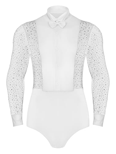 Runhomal Herren Tanz-Body Bodysuit Gymnastikbody Ballsaal Samba Latein Body mit Fliege Langarm Performance Tanzkostüm Weiß L