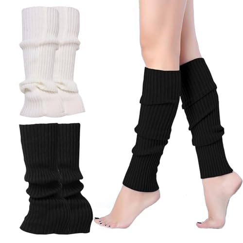 AJUNLKVDR 2 Paar Stulpen Damen,Leg Warmers,Beinwärmer Für Leg,Y2k Beinstulpen Mädchen,Warme Weiß Arm,Ballett Baumwolle Bein,Beine Beinlinge Frauen,Gestrickte Kinder Legwarmers,Schwarz White Women