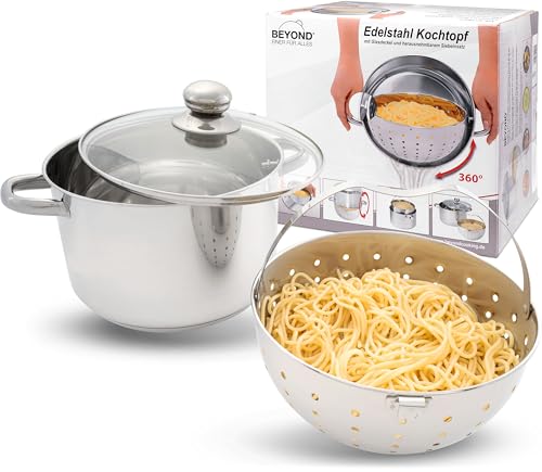 Beyond Nudeltopf 24 cm, Edelstahl Kochtopf mit Glasdeckel und herausnehmbarem Siebeinsatz, Pastatopf für Induktion und alle Herdarten geeignet, auch zum Braten und Suppen zubereiten verwendbar