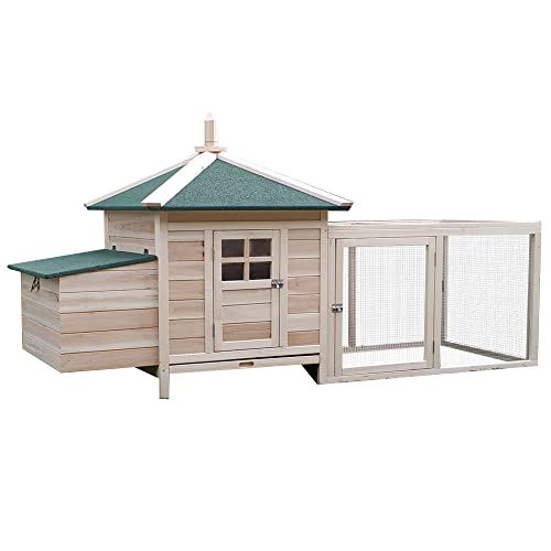 PawHut Hühnerstall für Zwerghühner 196 x 76 x 97 cm Hühnerhaus mit Nistkasten, Freilaufgehege Sitzstange, Kleintierstall aus Holz, Natur