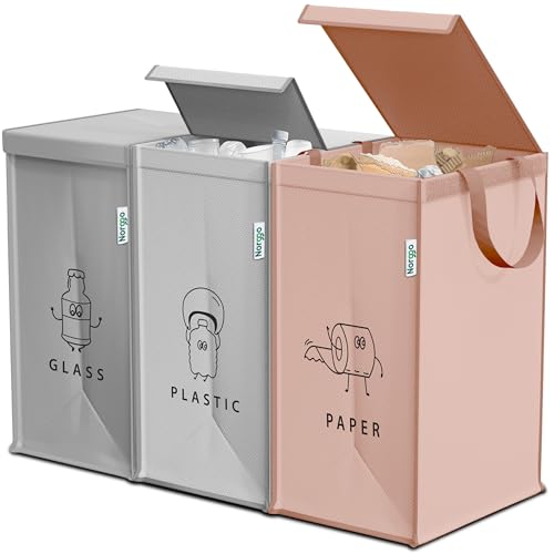 Norggo® Mülltrennsystem 3fach – Set aus 3 Mülltrennsysteme für Plastik, Papier und Glas – Recycling Behälter 40L mit Griff – Abfall & Recycling Lösung – Mülltrennsystem Küche – Altpapier & Altglas