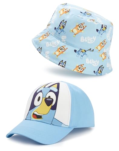 BlueY Kinder Bucket Hat & Cap Set | Bandit & Chili Charakter Allover-Print Kopfbedeckung in Blau für Jungen und Mädchen | Unisex Kinder Cap mit verstellbarem Riemen | TV-Serie Merchandise Geschenk