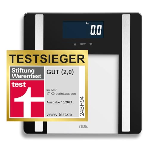 ADE Digitale Körperfettwaage Ines bis 200 kg | Personenwaage mit Körperfettanalyse, BMI, Muskelmasse, Körperwasser, Gewicht, BMR | Körperwaage mit Benutzererkennung | schwarz