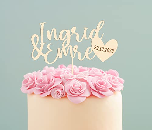 Alsino Cake Topper Liebe aus Holz Kuchenstecker personalisierbar für Paare Hochzeit Hochzeitsgeschenk personalisiert Torten Kuchen Deko - superfeine Gravur, 15 cm, Birke Multiplex