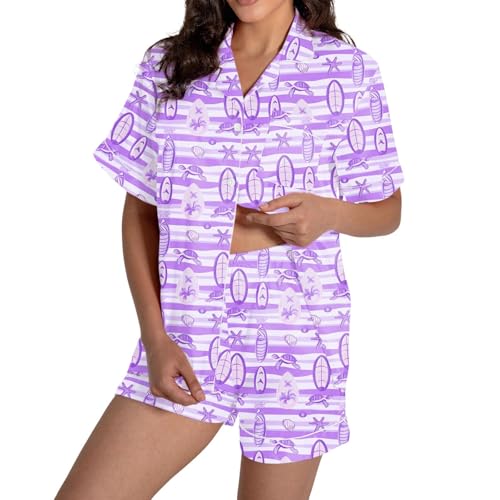 Langarm Badeanzug Damen für Damen, kurzärmliges Set mit V-Ausschnitt Shorts Kariert(Lila,L)