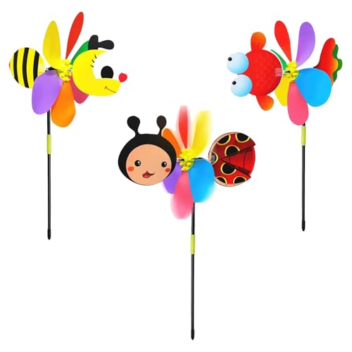 3 Stück Windrad Kinder 3D Windrad Biene und Marienkäfer aus Kunststoff Windrad Garten für Deko Garten Balkon Terrasse Haus Hof Party