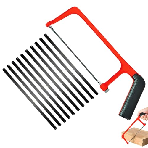 Mini Metallsäge Set mit 10 Austauschbaren Klingen, Rote Schwarze Verstellbare Kleine Handsäge, Professionelle Schwere Junior Bügelsäge für Kunststoff, PVC-Rohre, Dachschindeln & Holzschnitt