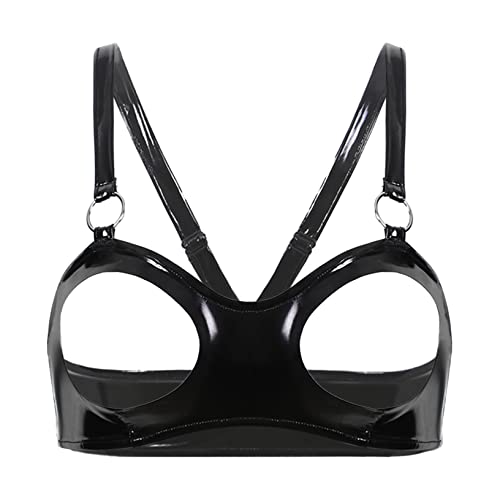 Yeahdor Damen Wetlook Bra Offen Brust BH Brustfrei Bra Push Up Hebe Bustier mit O-Ring Lakcleder Büstenhebe Dessous Unterwäsche C Schwarz 2 L