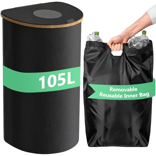 Vautvis Pfandflaschen Sammelbehälter 105L, Pfandflaschen Behälter Groß, Pfandflaschen Sammelbehälter Mit Deckel Und Abnehmbaren Tragetaschen, Flaschensammler Leergut, Pfandflaschen Sammler