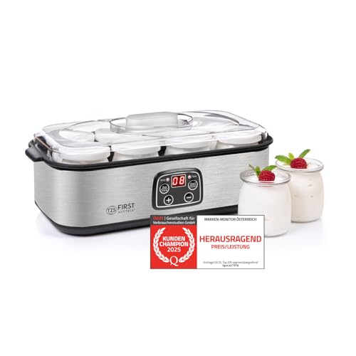 TZS First Austria elektischer Joghurtbereiter, Joghurt Maker, 30 W, 8 Gläser, 190 ml, LCD-Display, Temperatureinstellung, Timer- und Auto-Stop-Funktion, weiß/grau