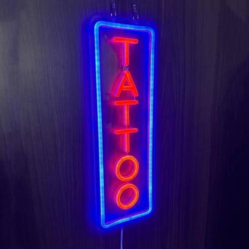 HFHungkeong Dimmbare Tattoo Leuchtreklame wiederverwendbare LED Leuchtreklamen Arylic Ice Blue Tattoo Shop Schild mit für Tattoo Salon Studio Ladenschild Tattoo Geschenke 43x15 cm (Blau + Rot)