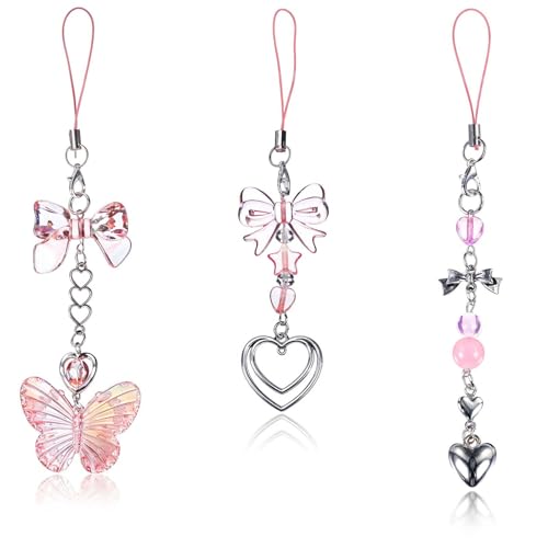 Bremorou 3 Stück Handyschmuck Niedliche Handy Anhänger, Süßer Y2K Handyanhänger, Keychain Aesthetic, Handy Accessoires, Schlüsselanhänger, Handyband Rosa, Lanyard Rosa Anti Lost Handyhülle Anhänger
