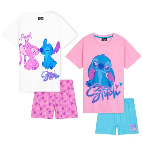 Disney Stitch Schlafanzug Mädchen Kurz, Pyjama T-Shirt & Shorts - Stitch Sachen (Rosa/Blau - 2er-Pack, 13-14 Jahre)