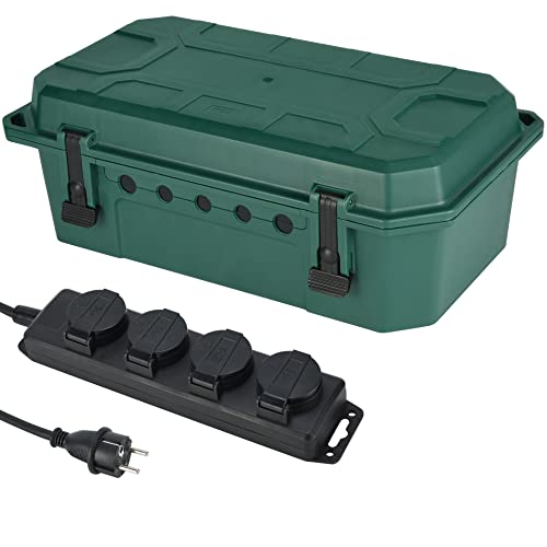 Electraline 300181 wasserdichte Schutzbox für den Außenbereich wetterfest IP54 mit mitgelieferter 4-Fach Steckdosenleiste IP44 Steckdosen mit Kappen, 5M Kabel H05RR-F 3G1,5, Grun, X-Large