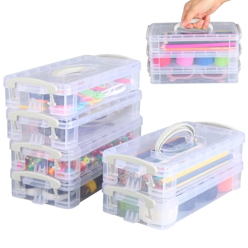 6 Stück Stiftebox, Stapelbare Durchsichtige Stifte Aufbewahrung mit Schnappverschluss und Griff, 22x10x4cm Stifte Organizer, Pencil Box Organizer für Kleinteile Aquarellstifte Pinsel Malstifte