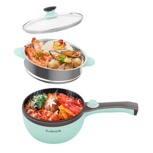 Audecook Elektrische Hot Pot mit Dampfgarer, 1,5 L/20cm Elektrischer Bratpfanne Hotpot Topf Antihaft Mini Elektropfanne, Multikocher für Wohnheim Ramen, Steak (A (grün/1,5 l mit Dampfgarer))