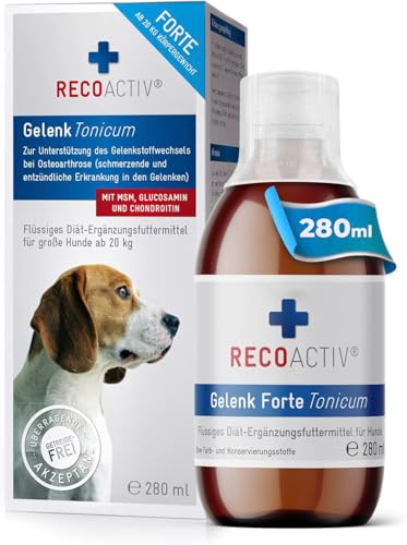 RECOACTIV Gelenk Tonicum Forte für Hunde, 1 x 280 ml, Diät-Ergänzungsfuttermittel bei degenerativen Gelenkerkrankungen, mit Grünlippmuschel, Glucosamin, Chondroitinsulfat, MSM, Teufelskralle & Omega-3