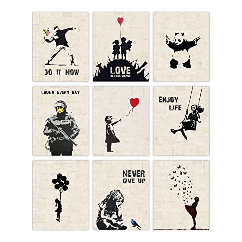 INFUNLY 9er Set Banksy Wand Kunstdruck Ungerahmt Graffiti Street Leinwand Wandkunst Inspirierende Zitate Panda Bild Abstrakt Street Pop Art Wandposter 8x10 für Schlafzimmer Wohnzimmer
