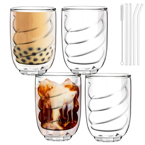 talifoca 4er-Set Geriffelte Trinkgläser mit 4 Glasstrohhalmen – 350 ml Wellen-Design für Cocktails, Eiskaffee, Saft, Limonade & Wasser – Elegante Longdrink-Gläser, ideal als Geschenk