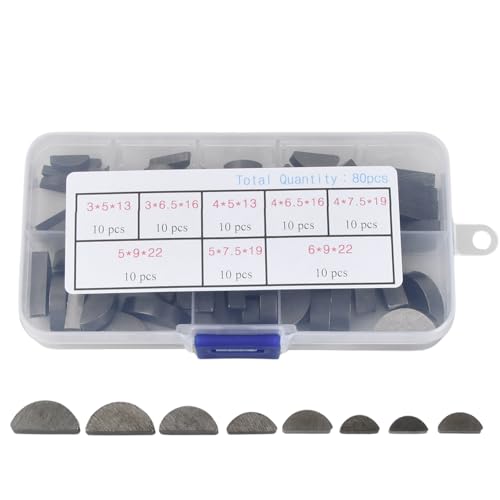 80 Stück Federkeile Sortiment, 8 Größen Halbmond Paßfeder Set, 3-4-5-6 mm Passfeder Sortiment, Scheibenfeder-Sortiment-Kit für Schwungrad Riemenscheiben Kurbelwellenschlüssel