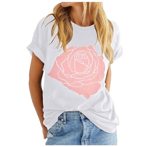 Kobilee Oberteile Damen - Rundhalsausschnitt Schwarzes Weißes T Shirt Basic Locker T-Shirt Schickes Rosen Drucken Tshirt Grünes Batik Kostüm Sexy Sport Oberteile Sommer