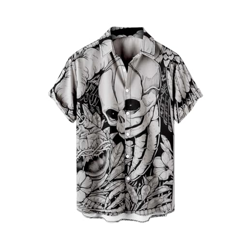 Kurzarm-Hemd mit Totenkopf-Print für Herren Lässiges 3D-Digital-Kreativdruck-Hemd Hawaii-Kurzarmhemd Lustiges Hawaiihemd Tropisches Kurzarm Sommer Strand Button Down Bier Bigfoot Hawaiihemden