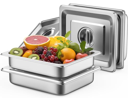 ZeroPone 4 Stück GN Behälter 1/2, Gastronormbehälter Edelstahl/Abmessungen 265 x 330 mm/Höhe 65 mm/Volumen 4 Liter, Edelstahl Speisebehälter mit Deckel