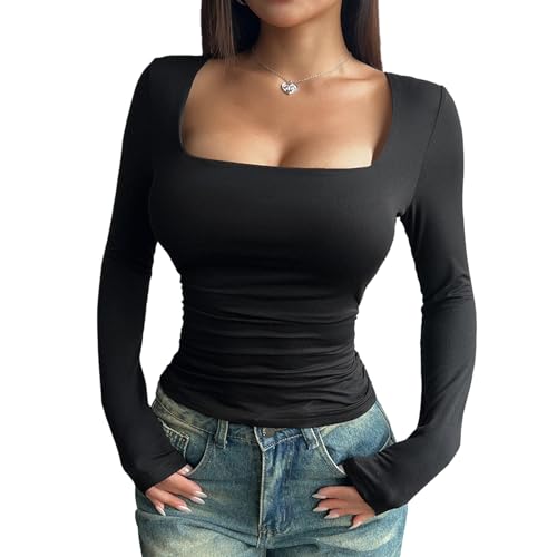 AOWVUTS Langarmshirt Damen Basic Slim Fit Top Elegant Eckigem Ausschnitt Langarm Crop Top Sexy Eng Gerippt Oberteil Stretch Bauchfrei T-Shirt Casual Einfarbig Bluse Tee Shirt