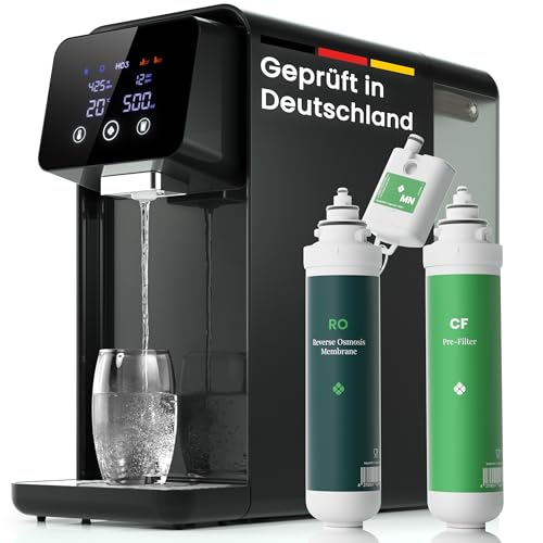 HO3 Home One Auftisch Osmoseanlage für Trinkwasser mit 4 Temperaturstufen (RT, 50, 85, 95°C), 5 Stufen Wasserausgabe, mit Echtzeit TDS, MicroShield Filtertechnologie, Wasserfilter (Schwarz)