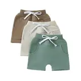 Unisex-Shorts für Neugeborene, Kleinkinder, Jungen, Kordelzug-Jogger-Shorts mit Taschen, einfarbige Hosen, Sommerkleidung, 3er-Pack, Grüner Aprikosen-Kaffee, 86