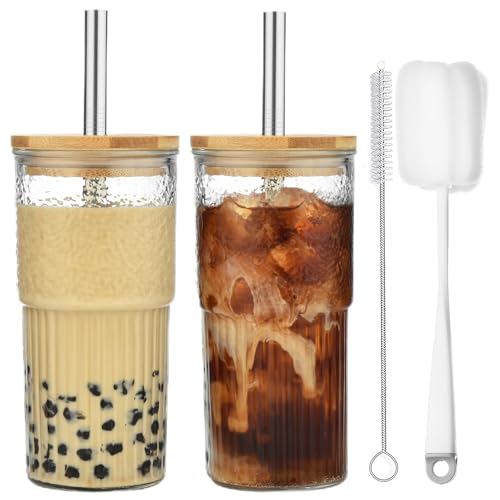 ALINK 2 Stück 600 ML Transparente Gestreifte Glas Wasserbecher mit Deckel,gerippte trinkgläser,Wassergläser,Longdrinkgläser,Eiskaffee becher,Bubble Tea Becher