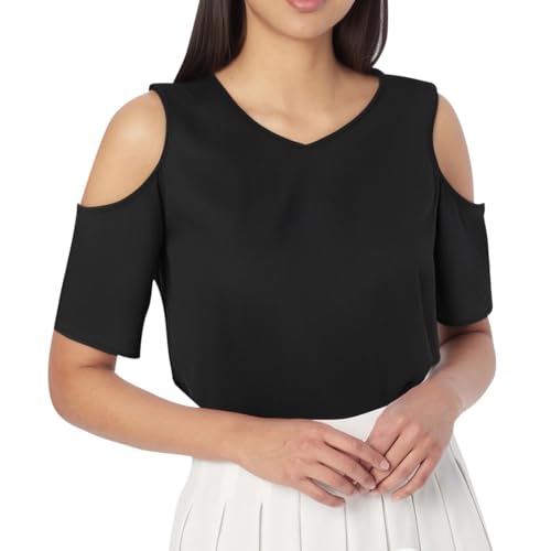 2025 - Damenmode Sexy Schulterfrei V-Ausschnitt Einfarbig Kurzarm T-Shirt Top Tüll Oberteil Damen (Black, M)