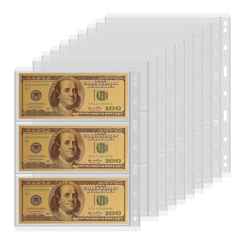 12 Blatt Banknoten-Hüllen, Geldscheine Aufbewahrung, 3 Taschen Währungsseiten zum Sammeln von Papiergeld Nachfüllseite, Doppelseitige Währungsblätter zum Sammeln von Euro, Papiergeld, Fremdwährungen