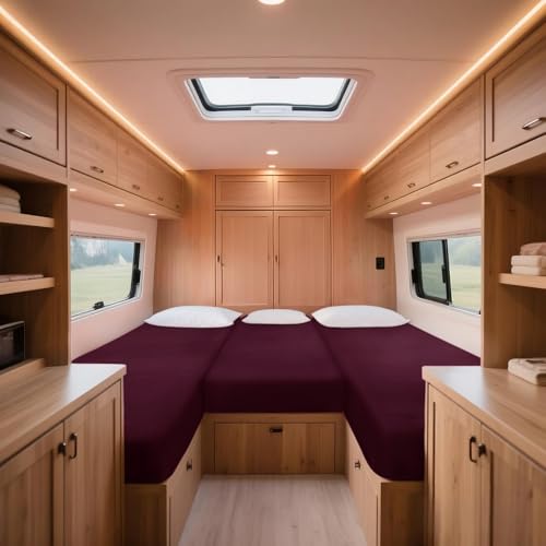 ZYBSLCSY Stretch-Samt Spannbettlaken Wohnmobil Mit Schnürung, Spannbetttuch Für Wohnwagen, Blatt Für Heckbetten Set 3 Teilig Mit 2 Längsbetten + Mittelteil (Burgundy)