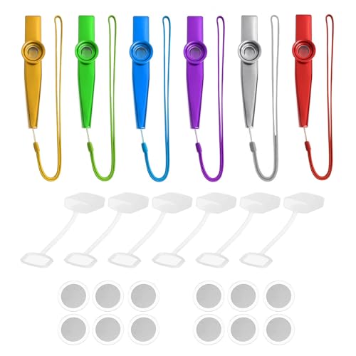 SEWSAW Kazoo-Stücke mit Riemen Kazoos Metall 6 Stück Mundstück-Schutz instrument Musikinstrumente Musikgeräte für Kinder und Musikliebhaber aus Aluminium 6 Farben mit 12 Stück Flöten Membranen