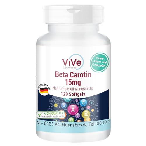 Beta Carotin 15 mg - 120 Softgels - 2,5 mg Retinoläquivalent (RAE) / 5000 I.E. Vitamin A, 4 Monats-Versorgung | Qualität aus Deutschland von ViVe Supplements