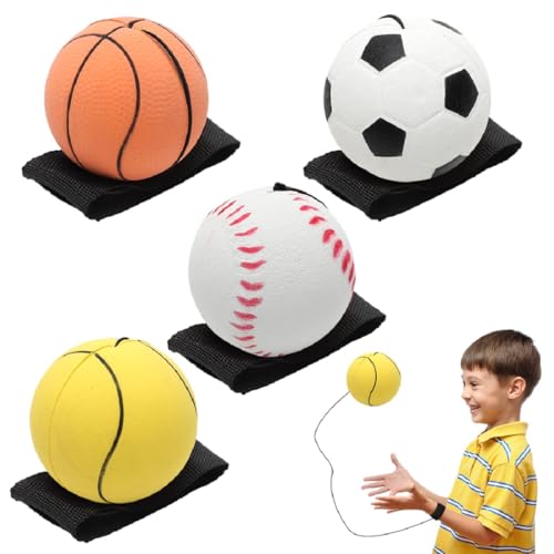 RANJIMA Handgelenk Ball mit Schnur, 4 Stück Ø 6cm Springball mit Schnur Handgelenk Return Ball Kinder Ball An Der Schnur, Gummi Returnball Wrist Rebound Balls Sport Spielzeug für Kinder Erwachsen