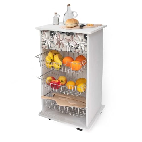 Lupia - Multifunktions-Küchenwagen weiß LEAVES MIX, Obstkorb mit drehbaren Rädern, Ablagefläche, drei herausnehmbare Körbe aus Stahl, Holz 40 x 45 x 85 cm montiert